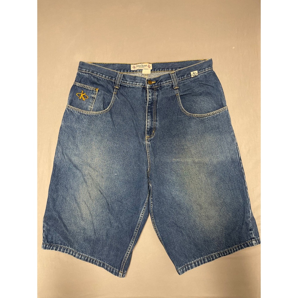 Vintage Knockout Jeans Mens Baggy Denim Shorts Blue Embroidered Logo USA Made 40